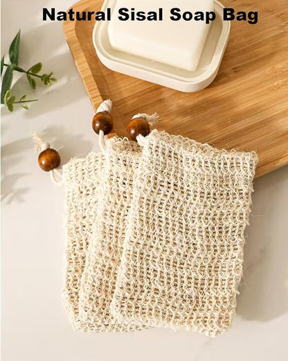 16 Pack Soap Bags for Soap Bars-Natural Sisal Soap Bag,Bar Soap Pouch with Drawstring, Exfoliating Soap Saver Bags mesh soap Bag with Wooden Beads Foaming and Drying Soap Holder for Bath Shower