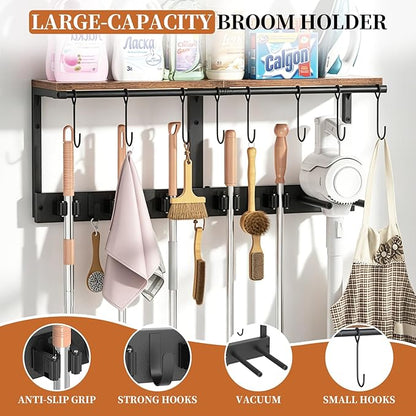 Wall Mounted Broom Holder & Utility Rack | Heavy-Duty Tool Organizer for Garage, Laundry Room & Kitchen | Space-Saving Storage with Shelf for Cleaning Supplies, Vacuums & Tools