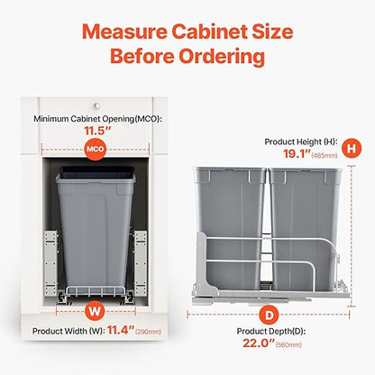 VEVOR Pull-Out Trash Can, 27 QT x2 Double Under Mount Kitchen Waste Container, Heavy Duty Garbage Recycling Bin with Door Kit and Soft Close Slide, for Kitchen Cabinet, Sink, Under Counter (Grey)
