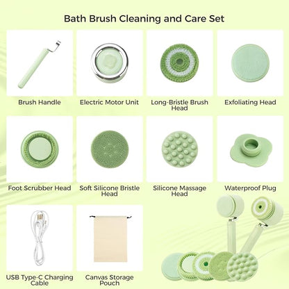 Electric Body Bath Brush for Shower, Rechargeable Body Brush with Detachable Long Handle and 5 Heads, 3 Speeds Bath Brush for Skin Care, Basic Cleaning and Massage (Sliver)