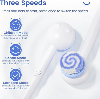 Electric Back Scrubber for Shower Body Brush, Waterproof Shower Body Scrubber for Cleansing, Massaging, Rechargeable Bath Brush for Kids & Adults with 2 Heads & 3 Speed Modes, Milk White XY0