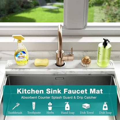 Stone Faucet Mat for Kitchen Sink - Quick Dry Diatomite Sink Splash Guard, Prevents Moisture Buildup & Water Stains, Water Absorbing Stone Tray for Bathroom Countertop (White, 30" x 4")