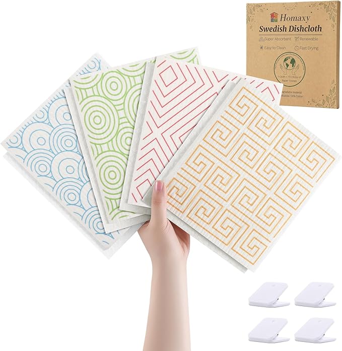 Homaxy Swedish Dishcloths for Kitchen, 8 Pack Geometric Reusable Paper Towels with Clips, Absorbent Cellulose Sponge Dish Cloths for Washing Dishes, Non-Scratch & Odor-Free Dish Rags