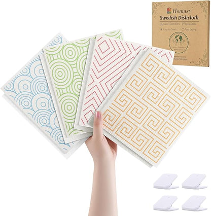Homaxy Swedish Dishcloths for Kitchen, 8 Pack Geometric Reusable Paper Towels with Clips, Absorbent Cellulose Sponge Dish Cloths for Washing Dishes, Non-Scratch & Odor-Free Dish Rags