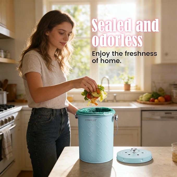 AOSION Countertop Compost Bin Kitchen,Odorless Indoor Compost Bin with Lid,Farmhouse Composter Container for Food Waste,Includes 2 Carbon Filters, Small Compost Bucket,Trash Bags (Modern, Blue)