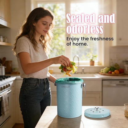AOSION Countertop Compost Bin Kitchen,Odorless Indoor Compost Bin with Lid,Farmhouse Composter Container for Food Waste,Includes 2 Carbon Filters, Small Compost Bucket,Trash Bags (Modern, Blue)