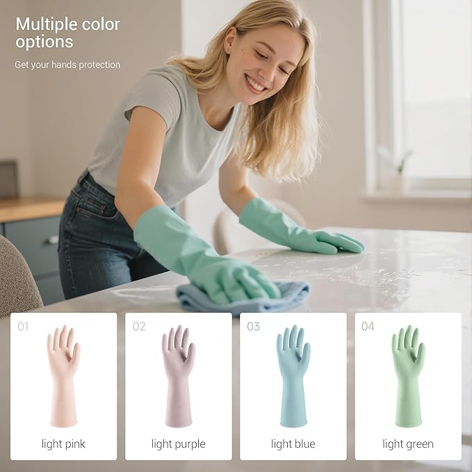 ThxToms 4 Pairs Reusable Natural Latex Dishwashing Gloves, 13" Long, 10 Mil Thick, Non-Slip Rubber Kitchen Cleaning Gloves, Multi-Color, Ideal for Household, Bathroom, Pet Care & Gardening, Medium