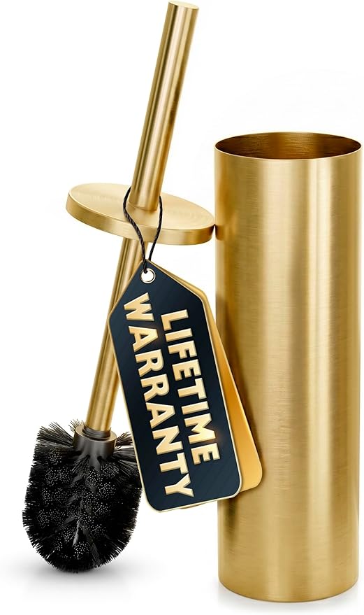 Gold Toilet Brush and Holder Set - Brushed Stainless Steel Gold Toilet Bowl Brush and Holder with Replaceable Head, Removable Inner Bowl, and Splash Protection - Dense Bristles for Thorough Cleaning