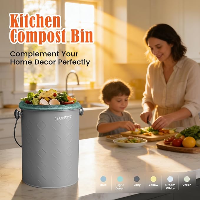 AOSION Countertop Compost Bin Kitchen,Odorless Indoor Compost Bin with Lid,Farmhouse Composter Container for Food Waste,Includes 2 Carbon Filters, Small Compost Bucket,Trash Bags (Modern, Grey)