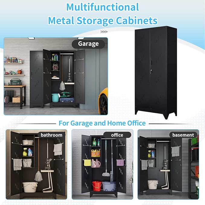 VASAAOSD 75" Metal Storage Cabinet with Lock, Tool Cabinets with Hooks, Heavy-Duty Garage Storage Cabinet for Utility Room, Gym, Basement, Broom Closet, Black