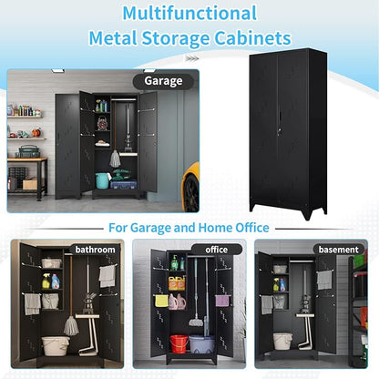 VASAAOSD 75" Metal Storage Cabinet with Lock, Tool Cabinets with Hooks, Heavy-Duty Garage Storage Cabinet for Utility Room, Gym, Basement, Broom Closet, Black