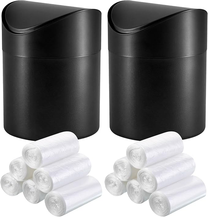 2 Pcs Desk Trash Can with Swing Lids, 12 Rolls of Trash Bags, 2L Brushed Stainless Steel Countertop Garbage Bin Small Wastebasket with Lid for Office Desk, Coffee Table (Black)