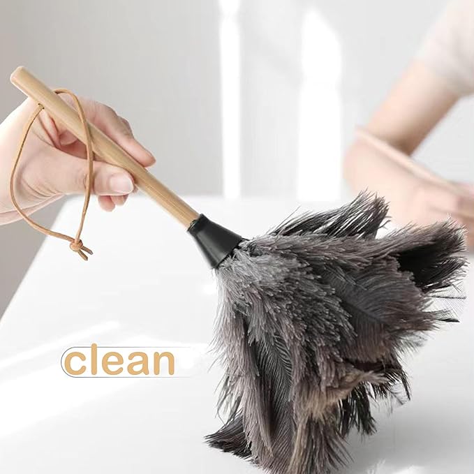 Ostrich Feather Dusters, Naturally Soft, Easy to Dust, Multi-Purpose Use, Solid Wood Handle, 17.3'' Long, Gray