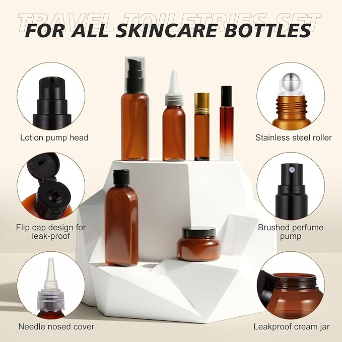 21 Pcs Amber Plastic Travel Toiletry Bottles Set, TSA Approved Travel Containers, Leak Proof Containers with Refillable Squeeze Bottle, Roller Balls, Pump sprayer, Perfume Atomizer, Labels & Funnel