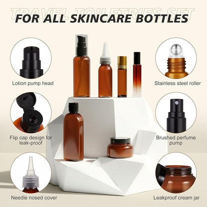 21 Pcs Amber Plastic Travel Toiletry Bottles Set, TSA Approved Travel Containers, Leak Proof Containers with Refillable Squeeze Bottle, Roller Balls, Pump sprayer, Perfume Atomizer, Labels & Funnel