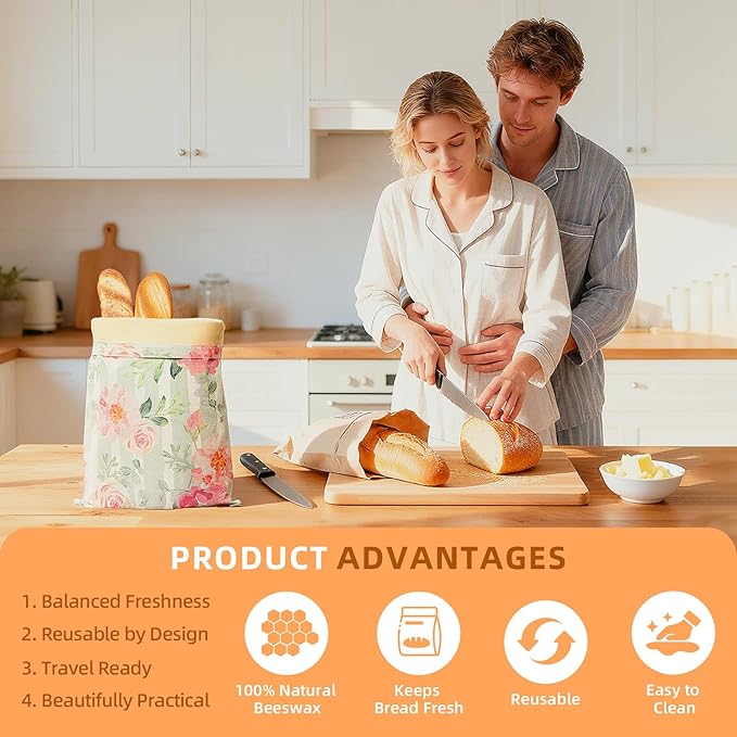 2 Pack Beeswax Bread Bags for Homemade Bread, Includes 2 Wraps, Reusable Organic Cotton Storage for Sourdough & Baguettes, Keep Fresh, Easy to Clean, Ideal for Bakers, Kitchen, Travel