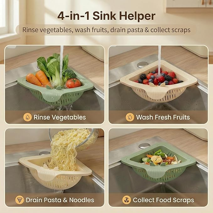 Magnetic Drainage & Filter Basket 2.0 Design, Corner Sink Strainer with Twist-Open Bottom, Triangular Drain Basket for Food Scraps & Rinsing Produce, Fits Metal Sinks (Green)