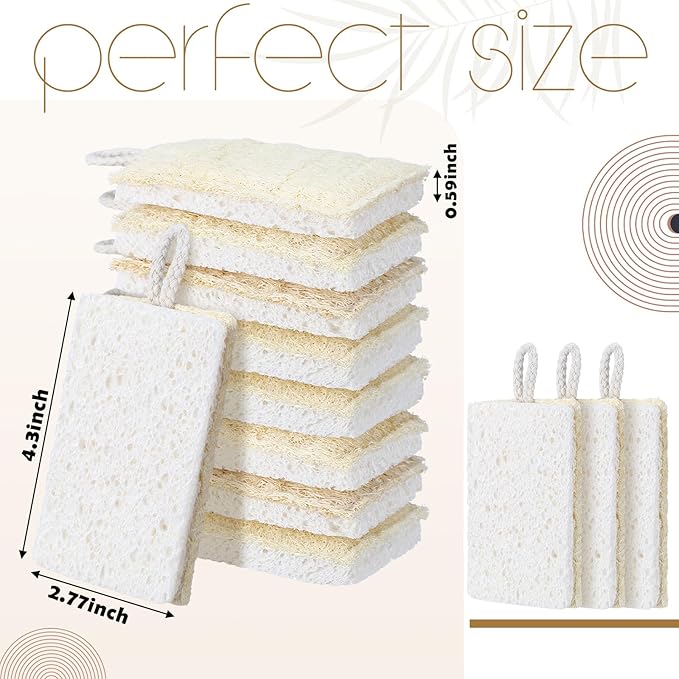 Sliner 12 Pack Natural Kitchen Sponges Compostable Cellulose Dish Scrubbers, Biodegradable Scrub Brushes Reusable Cleaning Loofah for Dishes Pots Pans Kitchen Bathroom Household