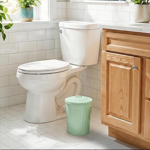 Plexon 2 Gallon Small Metal Trash Can with Lid Bathroom Garbage Can with Lid Bathroom Trash Can for Bedroom Office Kitchen Indoor Waste Basket, Round Powder Coated Green Bucket