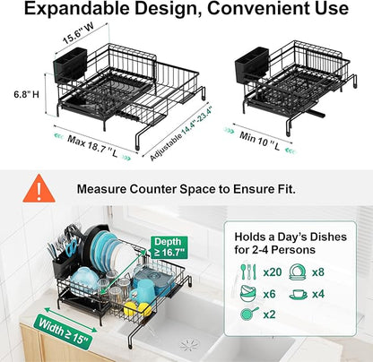 GSlife Expandable Dish Drying Rack - Small 2-in-1 Dish Racks for Kitchen Counter and Sink, Compact Dish Rack with 2 Pan Slot & High Raised Edges for RV and Apartment, 18.7"-11.4" L x 15.6" W, Black