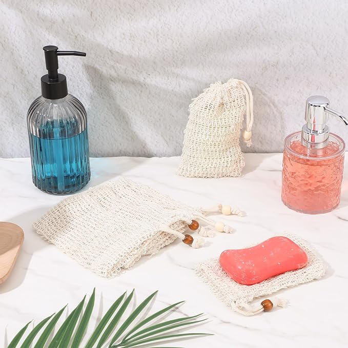 6 Pack Soap Bag, Natural Sisal Soap Saver Bag Exfoliating Sisal Soaps Pouch with Drawstring Bar Shower Soaps Saver Bags Foaming and Drying Holder for Shower
