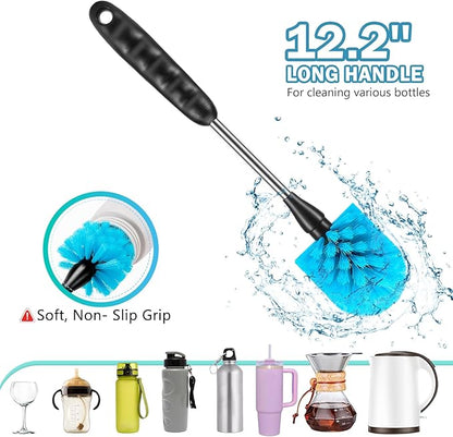 12.2 inch Bottle Brush Set of Three，Washable Coffee Cups, Water Bottles, Baby Bottles, Straws, to-go Cups, Long-Handled 3-in-1 Stainless Steel Bottle Brushes. (Blue)