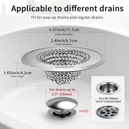 TRAPMATE Shower Drain Hair Catcher, 4.4" Easy Clean Bathtub Drain Hair Catcher, Anti-Slip Bath Tub Drain Protector, Upgraded 304 Stainless Steel Shower Sink Drain Cover for Bathroom (Patented Product)