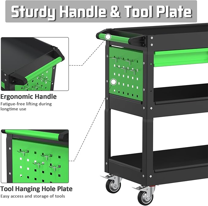 3 Tray Rolling Tool Cart with Drawers, 400 LBS Capacity Mechanic Tool Cart on Wheels, Heavy Duty Utility Cart with Pegboard, Metal Work Cart for Garage and Repair Shop, Blackgreen