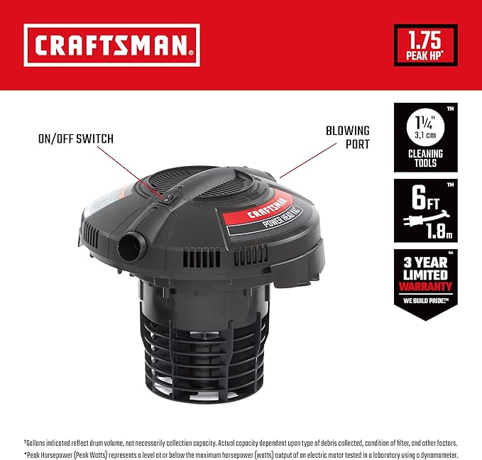 CRAFTSMAN CMXEVBE17678 1.75 Peak HP Wet Dry Vac Powerhead, Portable Shop Vacuum Compatible with a 5 Gallon Bucket (Sold Separately) with Filter Bag and Hose for Jobsite, Outdoor Cleaning