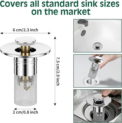 Vodolo 3 in 1 Sink Drain Strainer with Hair Catcher,2PCS Stainless Steel Popup Sink Stopper with Basket for Bathroom Kitchen Shower,Pop-up Bounce Core Floor Basin Drain Filter,Replacement Sink Plug