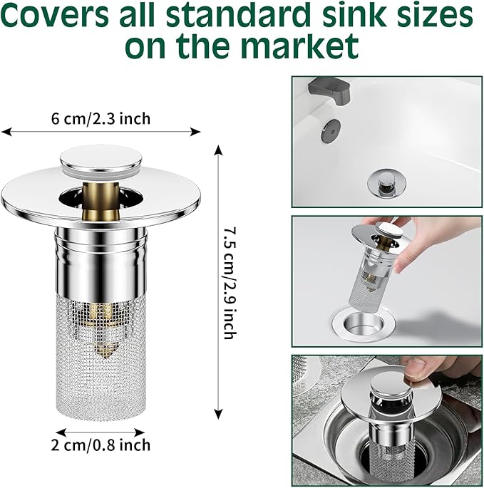 Vodolo 3 in 1 Sink Drain Strainer with Hair Catcher,8PCS Stainless Steel Popup Sink Stopper with Basket for Bathroom Kitchen Shower,Pop-up Bounce Core Floor Basin Drain Filter,Replacement Sink Plug