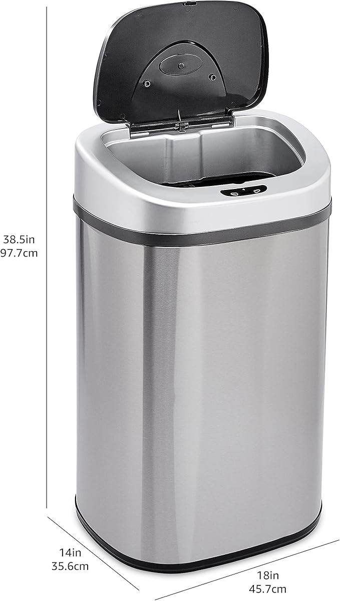 Amazon Basics Automatic Dual Compartment Trash Can with Lid, Hands-Free, Fingerprint Resistant, Odor Control, Stainless Steel, D-Shaped, 80 l, 2 Bins