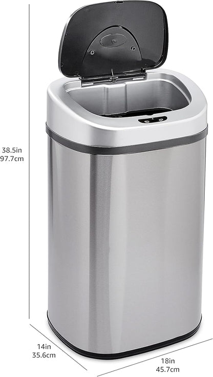 Amazon Basics Automatic Dual Compartment Trash Can with Lid, Hands-Free, Fingerprint Resistant, Odor Control, Stainless Steel, D-Shaped, 80 l, 2 Bins