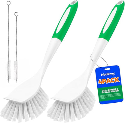 Holikme 4 Pack Dish Brush with Handle Set - 2 Pack Kitchen Dish Brush with Handle, 2 Straw Brushes, Deep Cleaning Dish Brush for Kitchen Sink Dishes, Pot and Pans, Green