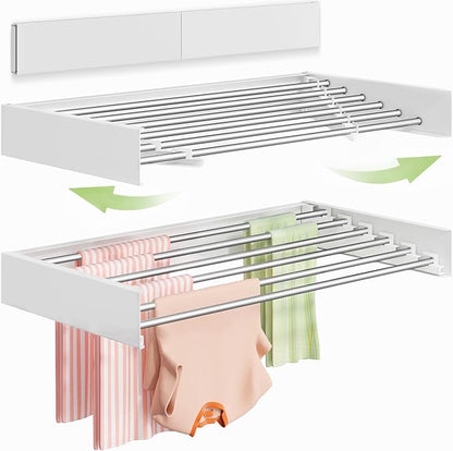 Vikaqi Wall Mounted Clothes Drying Rack 40 inches, Foldable Wall Mount Laundry Rack Folding Indoor, Drying Rack Clothing Collapsible, Hidden Space Saver with Wall Template, 6 Rods, White