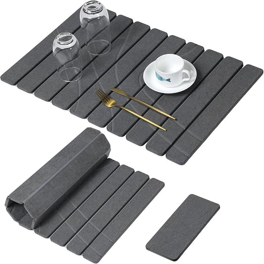 Large Stone Dish Drying Mat for Kitchen Counter,2 PCS Quick Dry Stone Mats,Foldable Water Absorbing Diatomaceous Drying Pad for Countertop Bottles Utensils Cups (Flow Line Dark Gray 24"x16" & 8"x4")