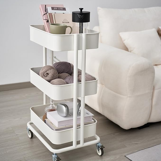 3 Tier Rolling Cart Metal Heavy Duty Utility Cart with Silent Caster Lockable Wheels Multi-Functional Organization Carts Storage Trolley with Mesh Shelves for Office Kitchen Living Room white