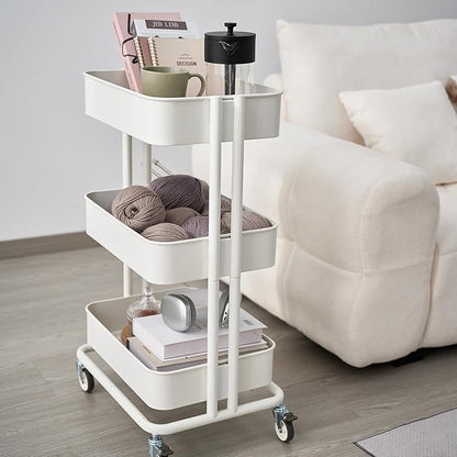 3 Tier Rolling Cart Metal Heavy Duty Utility Cart with Silent Caster Lockable Wheels Multi-Functional Organization Carts Storage Trolley with Mesh Shelves for Office Kitchen Living Room white