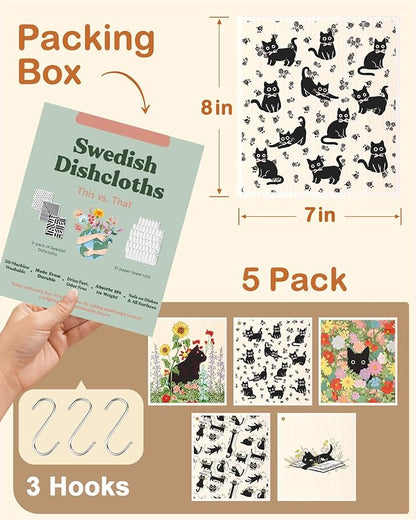 Miss Adola Swedish Dishcloths for Kitchen with Hooks - Reusable Dish Cloths for Washing Dishes Fast Drying Cute Fun 5 Pack Swedish Dish Towels Washable Cleaning Sponge, Black Cats