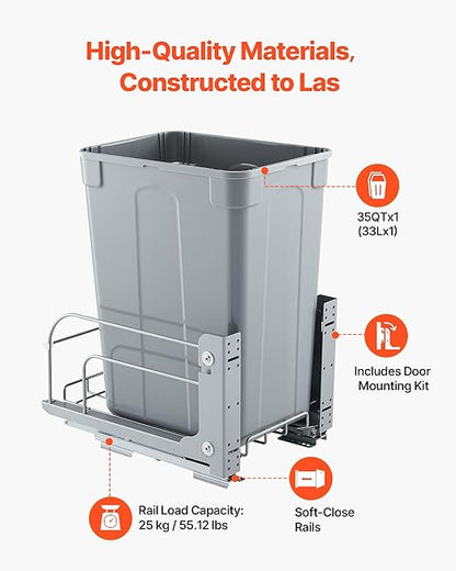 VEVOR Pullout Trash Can for Kitchen Cabinets, 35 QT Garbage Waste Recycling Bin, Under Mount Waste Container, with Heavy Duty Metal Soft Close Sliding System and Door Kit, for Sink, Under Counter
