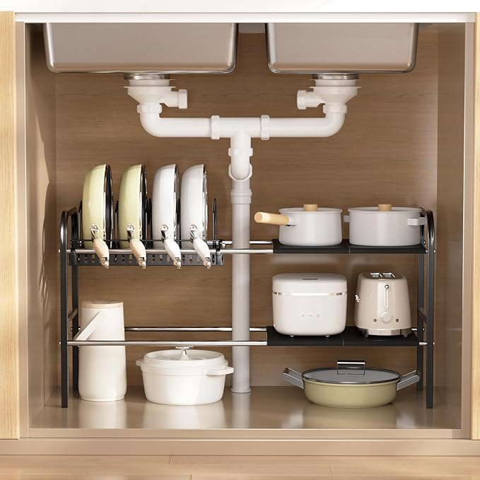 Under Sink Organizer 2 Tier Kitchen Storage Rack, Expandable Pot and Pan Organizer with Adjustable Height & 4 Dividers, Removable Kitchen Shelf for Cabinet, Countertop(4panels,1 Pot rack, Black)