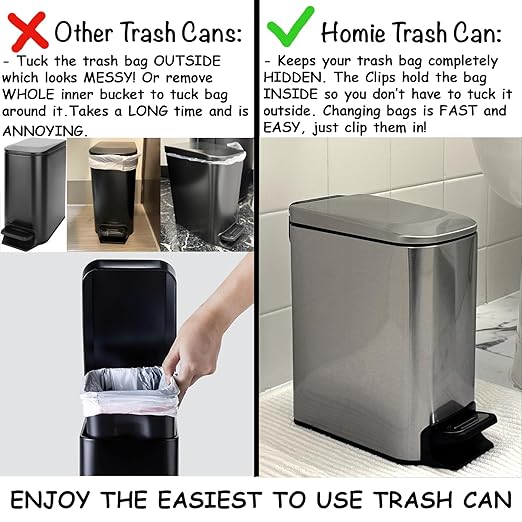 Homie Soft Close, Slim Trash Can 6 Liter / 1.6 Gallon with Anti - Bag Slip Liner and Lid, Use as Mini Garbage Basket, Slim Dust Bin, or Decor in Bathroom, Restroom, Kitchen, or Bedroom