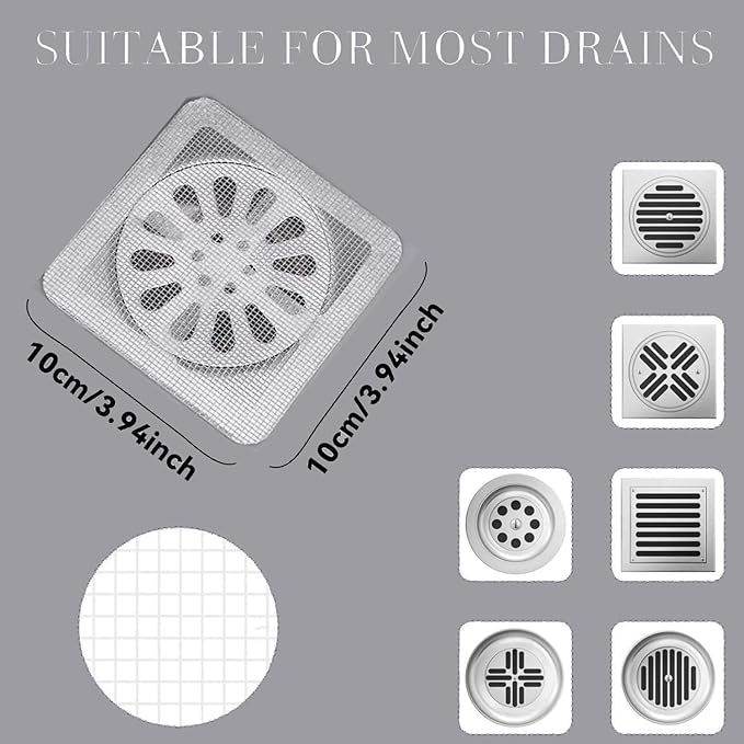 25 Packs - Disposable Shower Drain Hair Catcher 3.94 Inches Square Drain Hair Catcher Stickers for Bath & Kitchen - Hair Catcher Shower Drains Cover for Human & Pet Hair - Mesh for Bathtub & Laundry