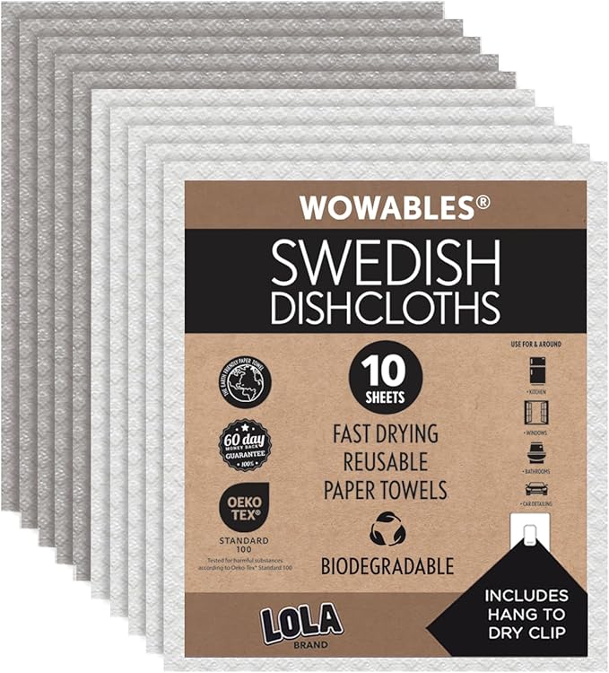 LOLA Swedish Dishcloths for Kitchen 10 Sheets, Biodegradable & Compostable Reusable Paper Towel Cleaning Cloths No Odor Washing Dishes Ultra Absorbent Cellulose Sponge Towel Made in Germany