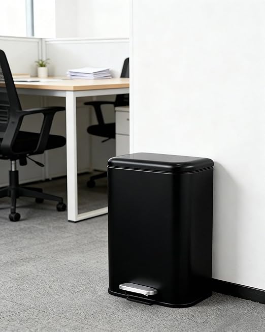 OUTLANE Bathroom Trash Can with Lid Soft Close, Step Pedal, 20 Liter / 5.2 Gallon Kitchen Trash Can,Stainless Steel Trash Bin for Bedroom, Office, Kitchen, Black