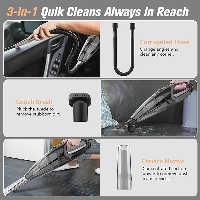 BSRCO Handheld Vacuum Cordless Rechargeable, 3-in-1 Car Vacuum Portable with LED Light & USB Charge, 1.65Lbs Lightweight Hand Vacuum Cleaner for Pet Hair, Home, Car Interior
