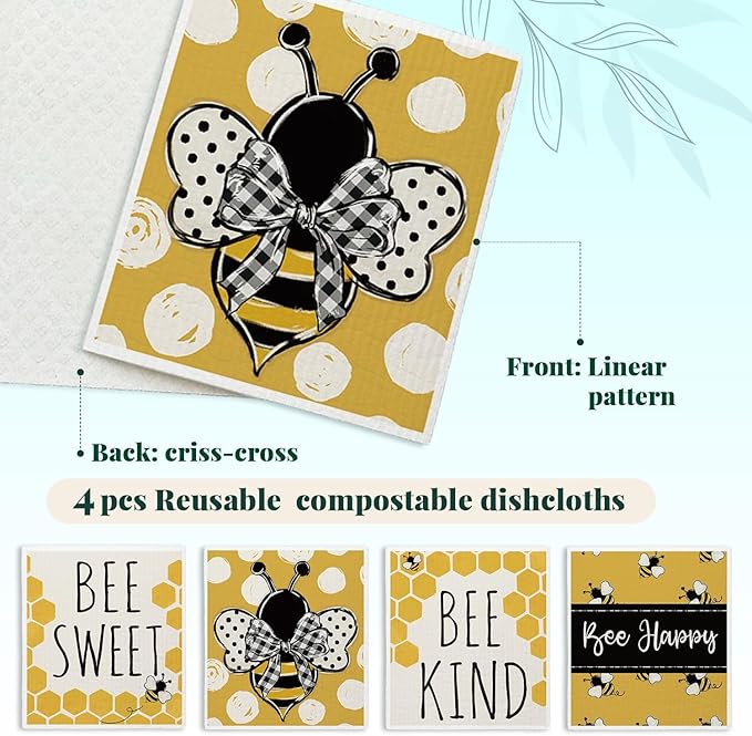 Bee Summer Yellow Swedish Dishcloths for Kitchen, Swedish Dish Cloths for Bee Happy, Papaya Reusable Paper Towels, 4 Pack Dish Towels for Kitchen, Papaya Reusable Paper Towels Washable