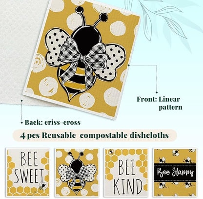 Bee Summer Yellow Swedish Dishcloths for Kitchen, Swedish Dish Cloths for Bee Happy, Papaya Reusable Paper Towels, 4 Pack Dish Towels for Kitchen, Papaya Reusable Paper Towels Washable