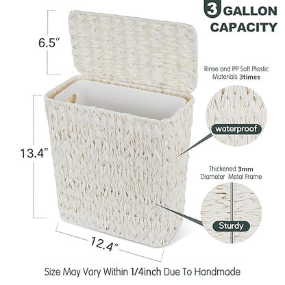 Coeusy Wicker Trash Can with Lid and Liner,Boho Decotative Small Bathroom Trash Cans,Waterproof Slim Waste Basket for Bedroom,Home Office,3 Gallon Cream White