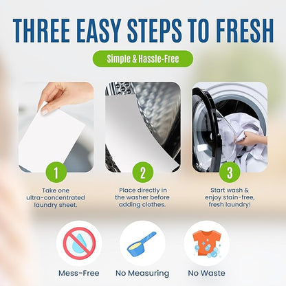 Eco-Friendly 80 Loads Ultra Concentrated Laundry Detergent Sheets Stain-Fighting Enzymes & Plant Powered, Washer Sheets, Space Saving, Travel Friendly for Hot/Cold Cycles, Tackles Tough Stains & Odors